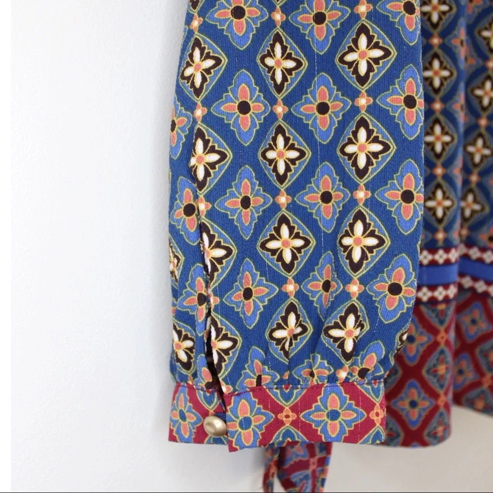 Vintage 70s Retro Print Collar and Button Loose fitting Top Medium Large Ruby - Picture 4 of 9